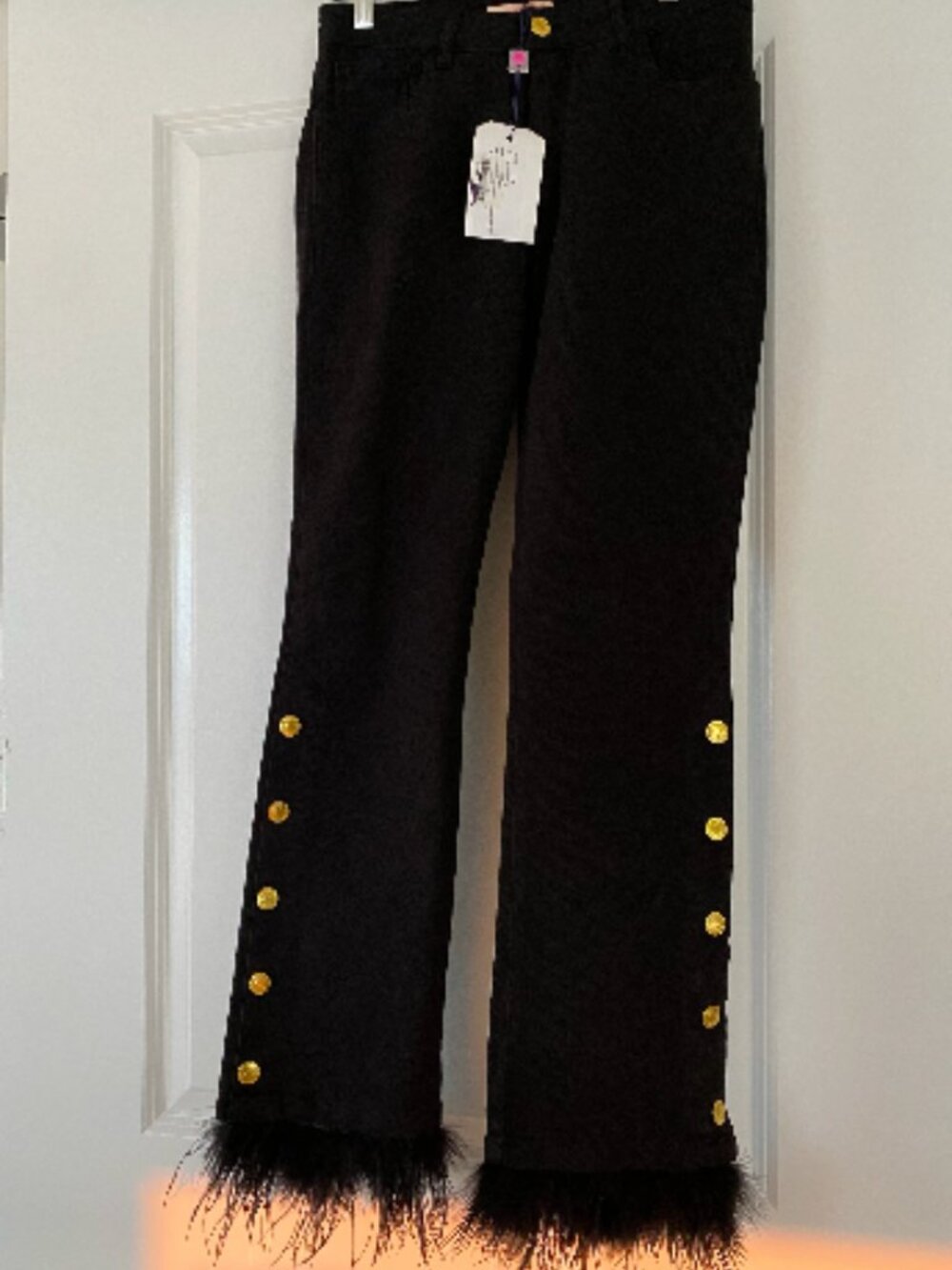 Vilagallo Black Denim Jeans NWT Gold Buttons Removable Feather Trim